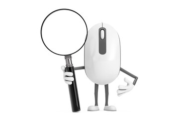 Computer Mouse Cartoon Person Character Mascot with Magnifying Glass. 3d Rendering