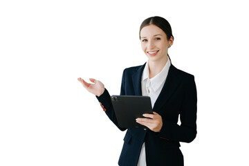Smiling caucasian young businesswoman bank employee worker manager boss ceo looking at camera, using tablet, laptop and notepad online isolated in white background.
