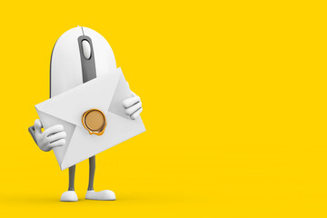 Computer Mouse Cartoon Person Character Mascot with White Blank Envelope. 3d Rendering