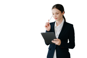 Smiling caucasian young businesswoman bank employee worker manager boss ceo looking at camera, using tablet, laptop and notepad online isolated in white background.