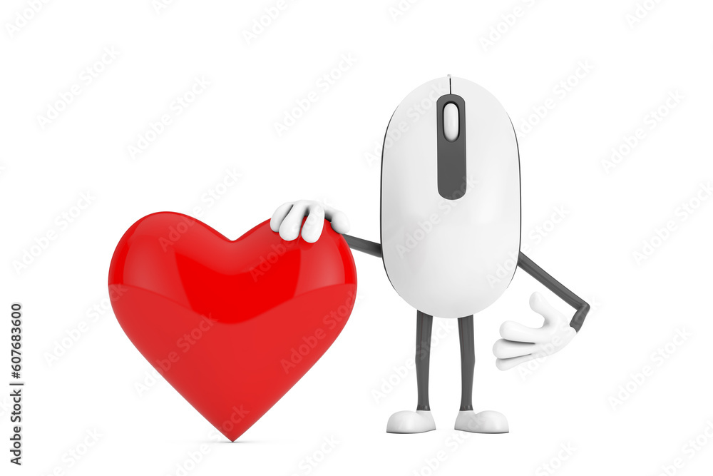 Aufkleber Computer Mouse Cartoon Person Character Mascot with Red Heart. 3d Rendering