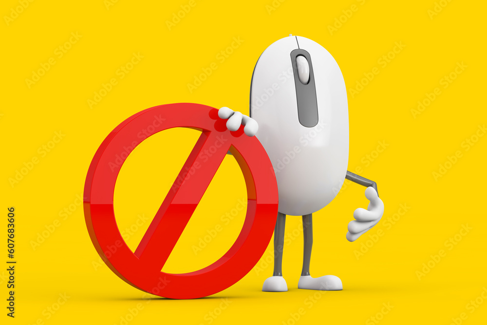 Poster computer mouse cartoon person character mascot with red prohibition or forbidden sign. 3d rendering