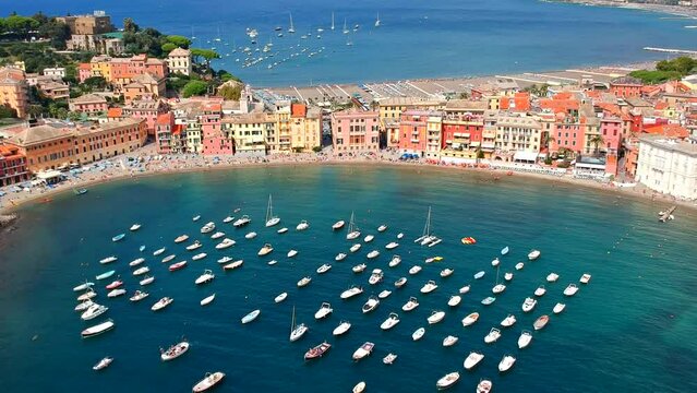 Sestri Levante aerial view, Liguria, Italy, Europe. Summer beach, sea