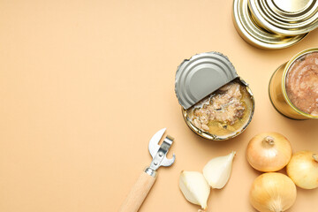 Canned food in blank metal jars, concept of canned food