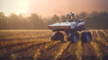 Fototapeta premium Solar powered agricultural robot industriously operating in the field. This represents the intersection of sustainability, technology, and agriculture. Generative AI