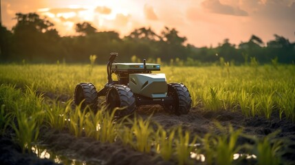 Solar powered agricultural robot industriously operating in the field. This represents the intersection of sustainability, technology, and agriculture. Generative AI