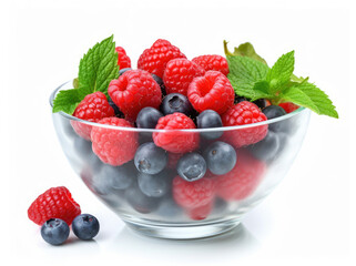 Glass bowl with various berries and green leaves on a white background
