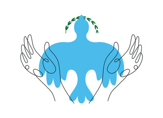 Fototapeta premium A dove of peace released from open hands. A symbol of peace and hope on earth