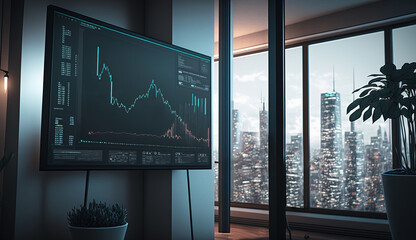 Monitor on the wall with trading charts in a modern interior with big windows on skyscrapers, generative AI