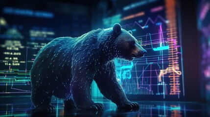 A bear standing in a modern vibrant studio with digital background of trading charts, lights and glowing elements, generative AI