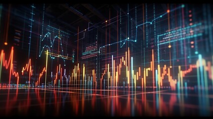 Trading charts abstract digital background with glowing diagrams, reflections and modern vibrant technology elements, generative AI