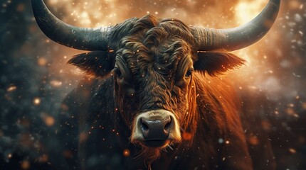 A bull facing the camera in realistic cinematic scene with fire particles, market trading concept, generative AI image
