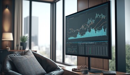 Monitor on the wall with trading charts in a modern office interior with big windows, generative AI