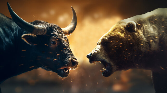 An angry bull and a bear facing each other in cinematic scene with fire particles, market trading concept, generative AI image