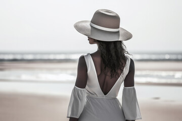 Portrait of a young woman with a hat at the beach. Natural light, horizontal image. Generative AI