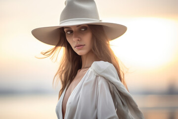 Portrait of a young woman with a hat at the beach. Natural light, horizontal image. Generative AI