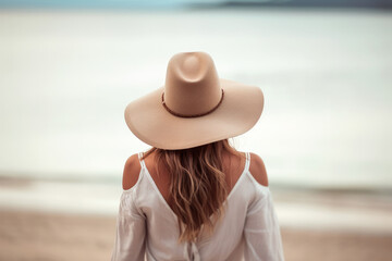 Fototapeta na wymiar Portrait of a young woman with a hat at the beach. Natural light, horizontal image. Generative AI