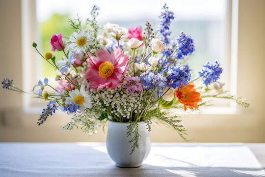 A simple summer bouquet of garden flowers in a ceramic vase on the table