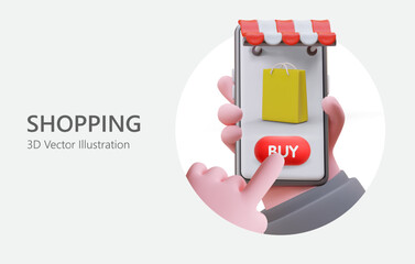 Man hand holds smartphone with open shopping application. Buyer clicks buy button. Original advertising banner for modern web design. 3D illustration, text, button
