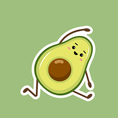 Cute kawaii avocado sticker. Doodle fruit on green background. Trendy decor for notebook or diary. Hand drawn vector illustration in flat cartoon style.