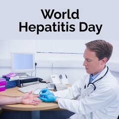 Composition of world hepatitis day text over caucasian male doctor