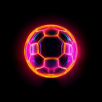 Soccer ball or football with glowing neon lights on a dark background with copy space. Created with generative AI technology.