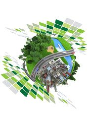 eco city design over a white background vector illustration. concept miniature globe showing the various modes of transport and lifestyles in the world, isolated on white background.