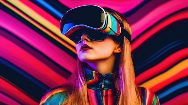 Fototapeta Young female model wearing VR posing with trendy fashion outfit and colorful vibrant glowing lime green optical art abstract background. Picturesque generative AI
