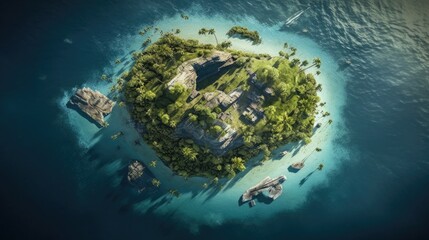 Top view of a tropical island in the middle of a crystal clear blue ocean, rendered by AI technology