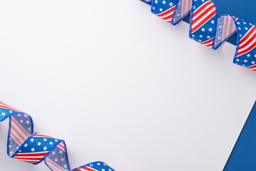 Festive mood for the Fourth of July. Top view of party accessories, curly ribbons with USA flag...