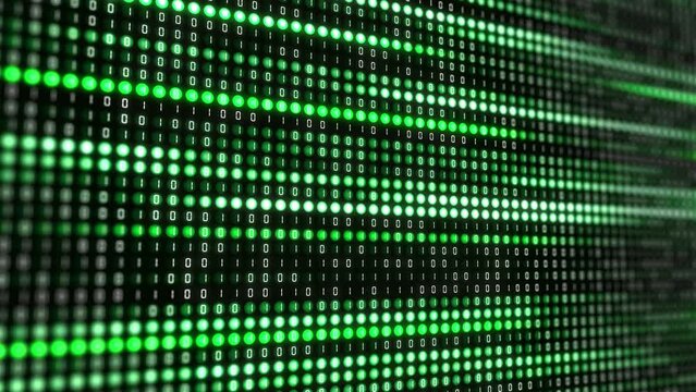 Green round pixels of electronic display with changing software binary code. Colored glowing lines on the screen. Digital abstract looped background.