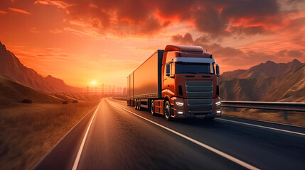 Obraz na płótnie Canvas Truck run on highway, Logistics import export and cargo transportation industry concept of Container . Ai generative