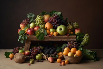Fresh vegetables and fruits on podium. Generative AI