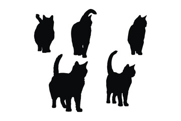 Cute feline front side silhouette set on a white background. Beautiful domestic cat silhouette bundle design. Cat walking and standing in different positions. Cat full body silhouette collection.