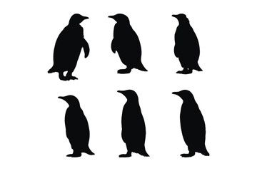 Wild flightless bird silhouette bundle design. Cute penguin standing silhouette set on a white background. Herbivorous penguins standing in different positions. Penguin full body silhouette collection