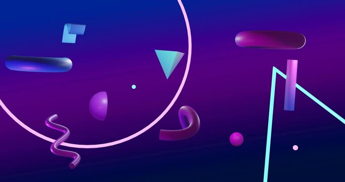 Animation of abstract 3d shapes over blue and purple background