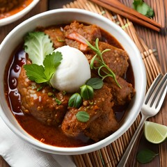 Rendang is an Indonesian West Sumatra Minangkabau spicy meat (commonly beef) that slow cooked in coconut milk and mixed spices, served during festive events like wedding, Eid Al Fitr, ai generated.