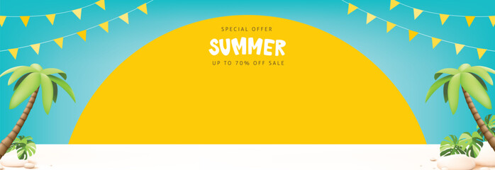 Summer travel poster banner with sun set and summer beach scene design background