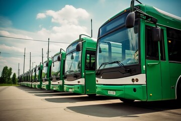 Fototapeta na wymiar electric buses lined up in green color. AI