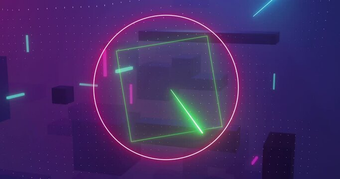 Animation of 3d cubes, squares, circles, triangles and purple background