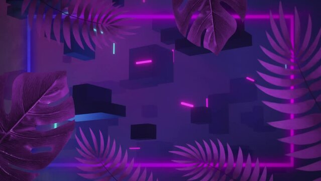 Animation of 3d cubes with leaves and purple background