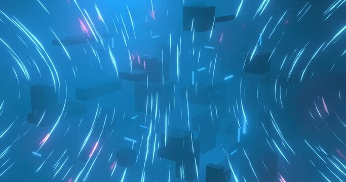 Animation of 3d cubes with flying lights and blue background