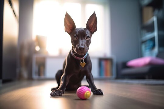 Xoloitzcuintli puppy is playing with toys and balls in a bright living room of a cozy apartment.