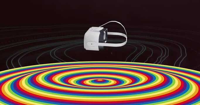 Animation of vr headset and coloured circular surface over black background