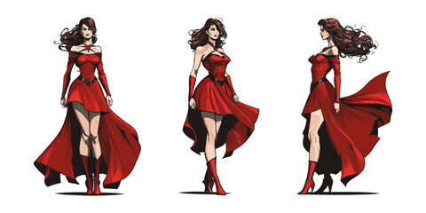 Female superhero in red dress costume. Beautiful super woman vector illustration. Hero character isolated. 