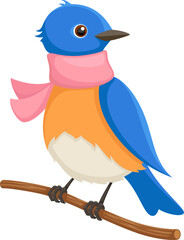 Vector illustration of a cartoon bluebird, perched on a branch and wearing a pink scarf.
