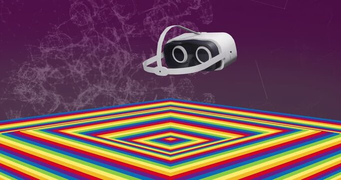 Animation of vr headset and coloured square surface over purple background