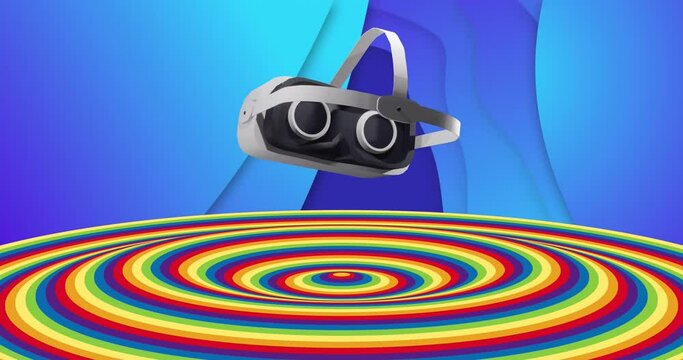 Animation of vr headset and coloured circular surface over blue background