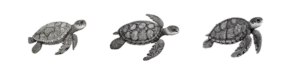 Sea turtle vector illustration in ornament style. Ocean turtles wildlife set.