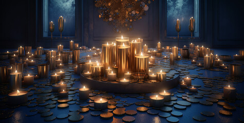 many candles surrounded by coins and candles